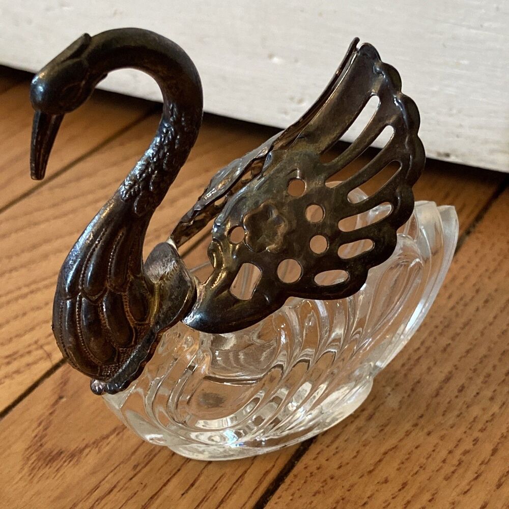 Vintage Swan Salt Glass and Hinged  Silver Plate Wings Open Cottagecore Granny